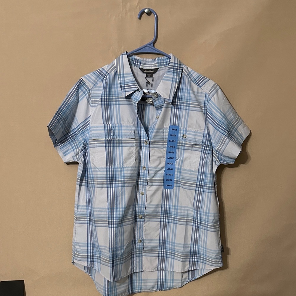 Eddie Bauer Light Blue and White Plaid Shirt